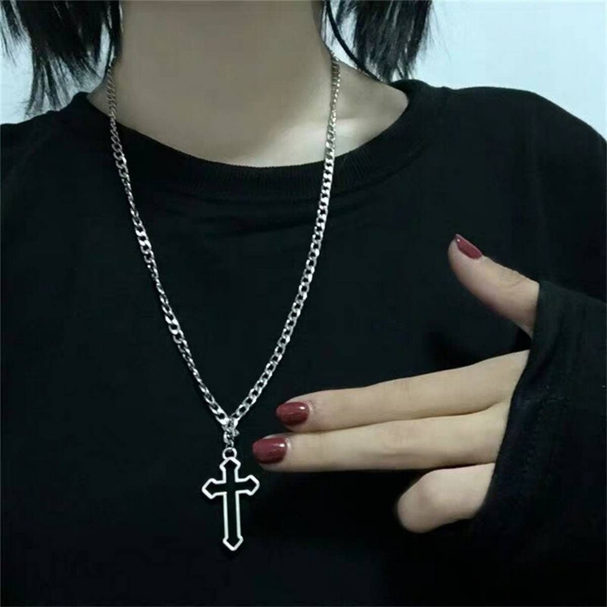 Vintage Dark Gothic Hollow Cross Pendant Chain Necklace Kpop Tide Cool Harajuku Street Egirl Men Women BFF Punk Jewelry