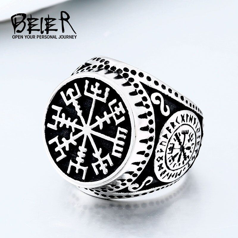 Beier 316L Stainless Steel Nordic Viking Ring Custom Rune beads Signet wolf Scandinavn Odin Symbol fashion Men Jewelry  LR522