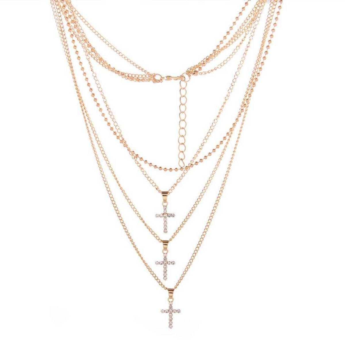 OIMG Women Rhinestone Inlaid Cross Charm Multilayer Chain Choker Necklace