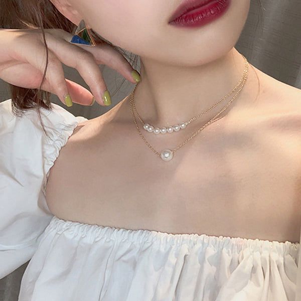 Smoxx Korean Fashion Elongated Pearl Necklace, Simple Thin Knotted Chain Size,Double Layer Clavicle Chain Jewelry Valentine's Day Gifts for Girlfriend