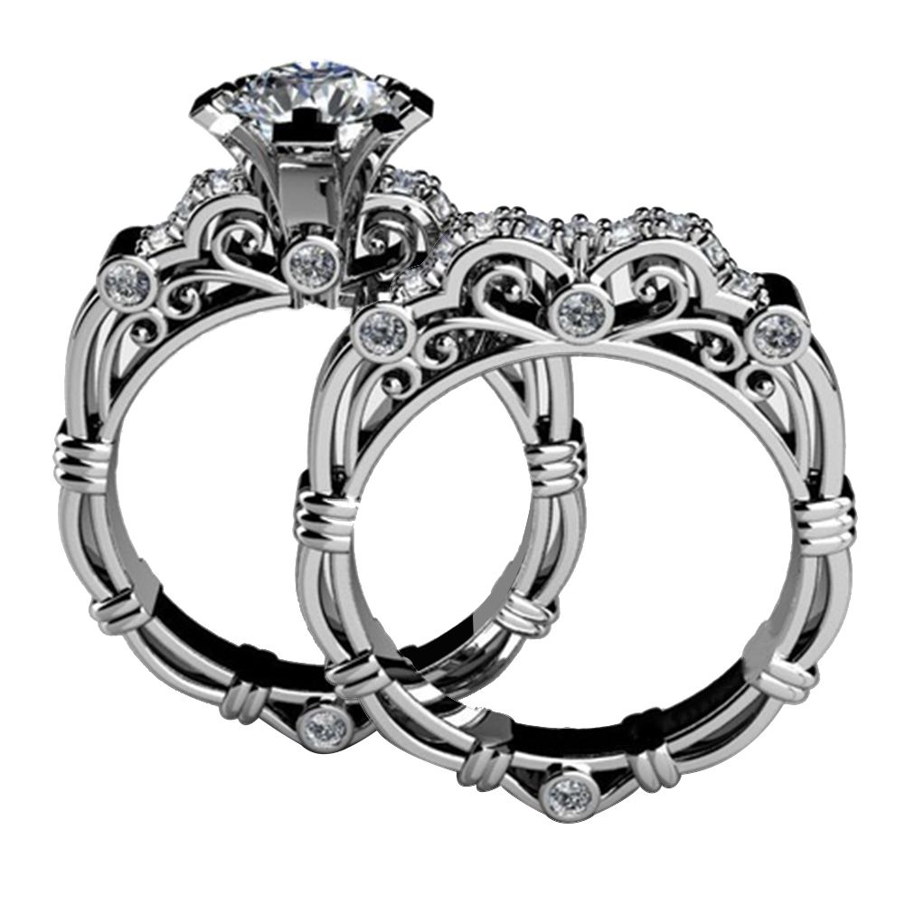 2Pcs/Set Engagement Wedding Retro Women Rhinestone Carved Finger Ring Jewelry
