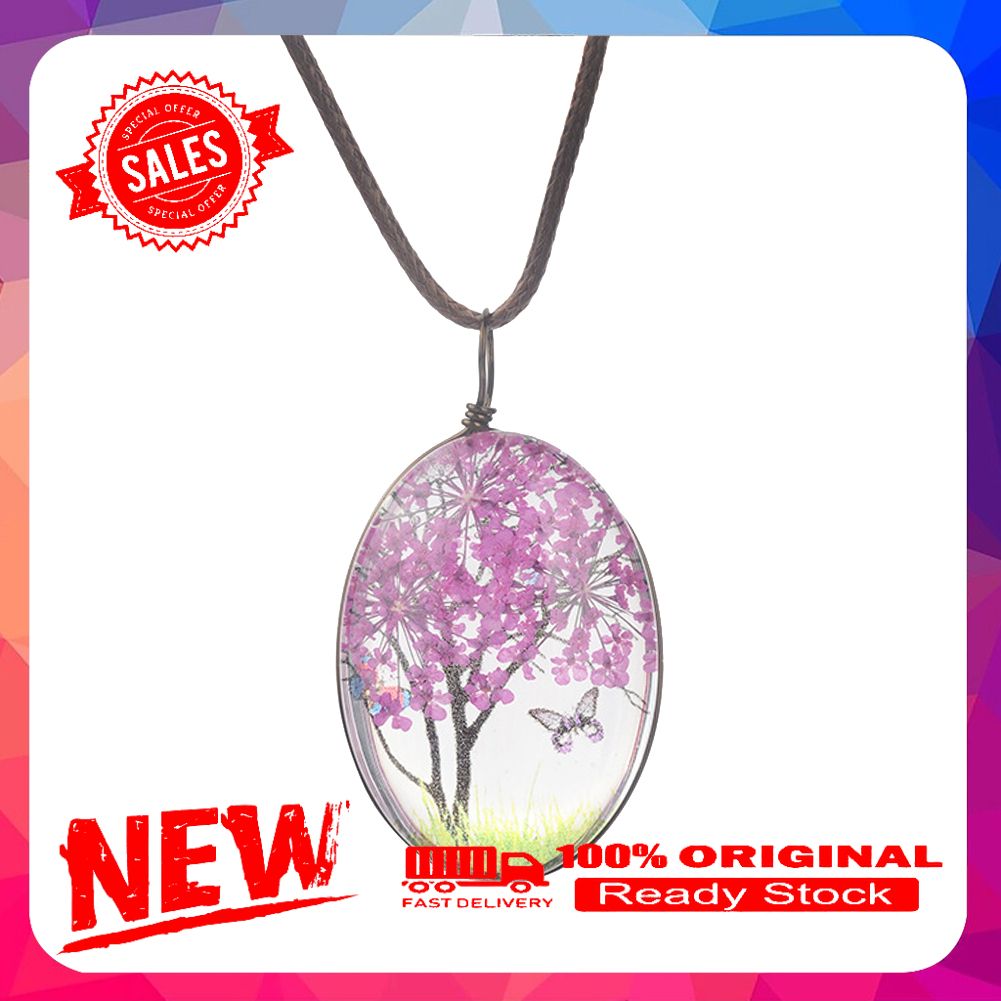 Creative Women Dry Flowers Oval Pendant Faux Leather Rope Sweater Chain Necklace