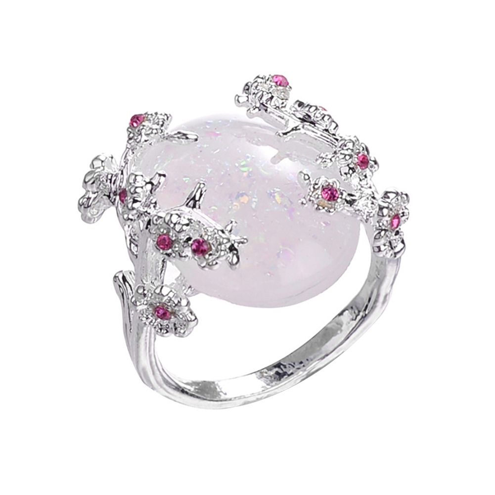 Women Wedding Jewelry Flower Design Oval Faux Gemstone Ring Rhinestone Decor