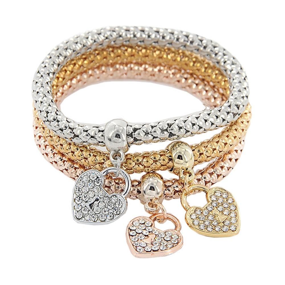 3Pcs Women Rhinestone Heart Pendant Corn Chain Elastic Bracelet Bangle Jewelry