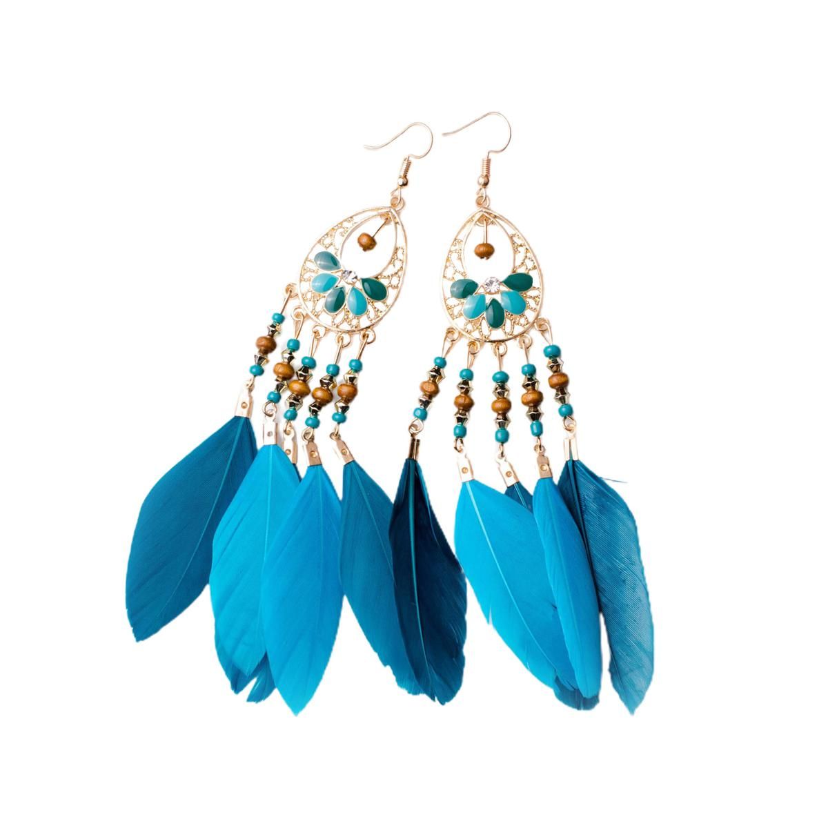 Boho Earrings Hollow Out Long Feather Tassel Drop Earrings