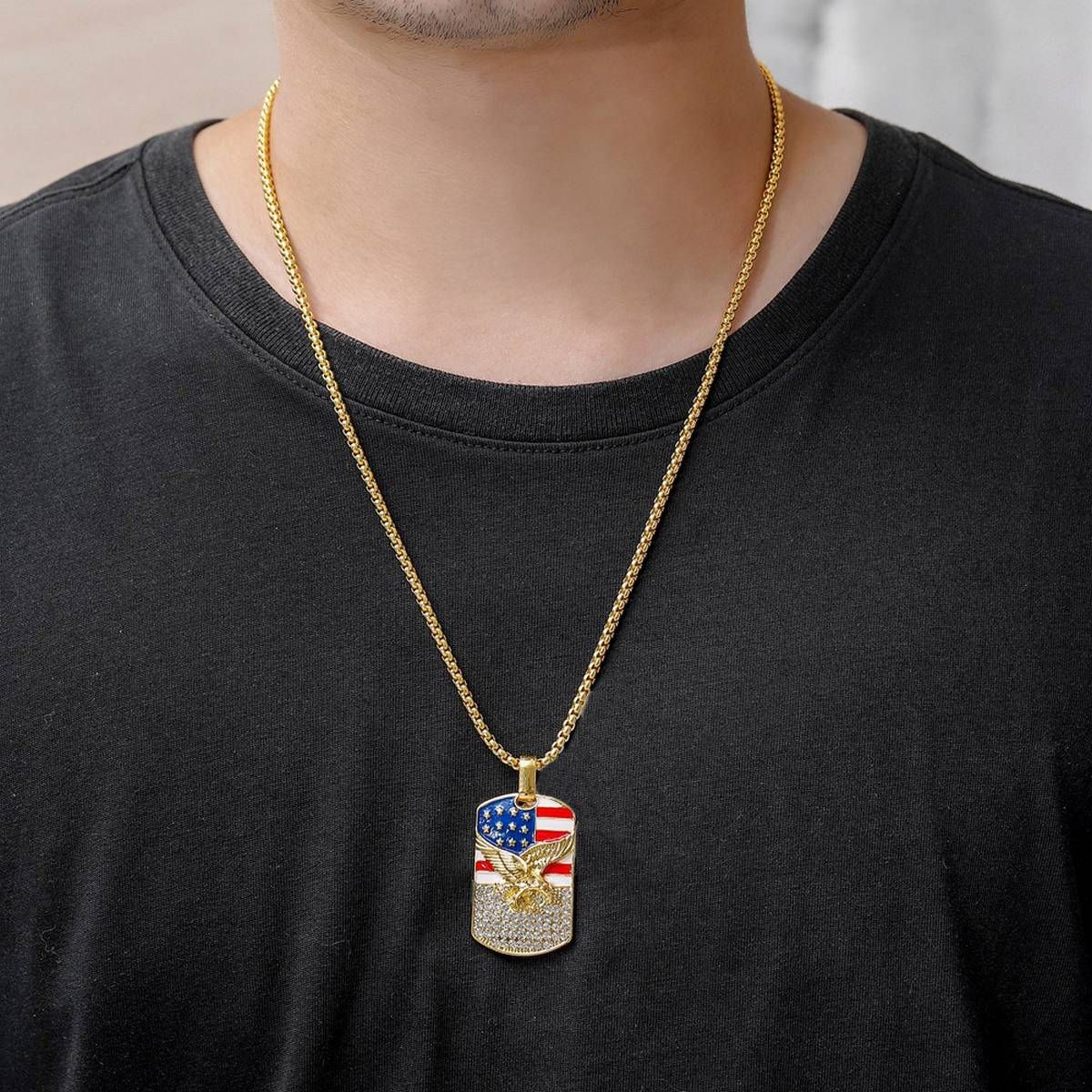 Unisex Fashion American Flag Eagle Rhinestone Inlaid Pendant Chain Necklace Gift