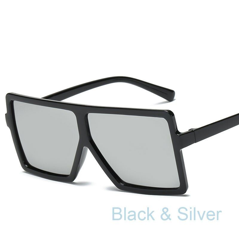 BLACK SILVEROversize Big Size Shade for Women Sunglasses Square Shape Vintage Retro Large Sun Glasses Brand Design Eyewear