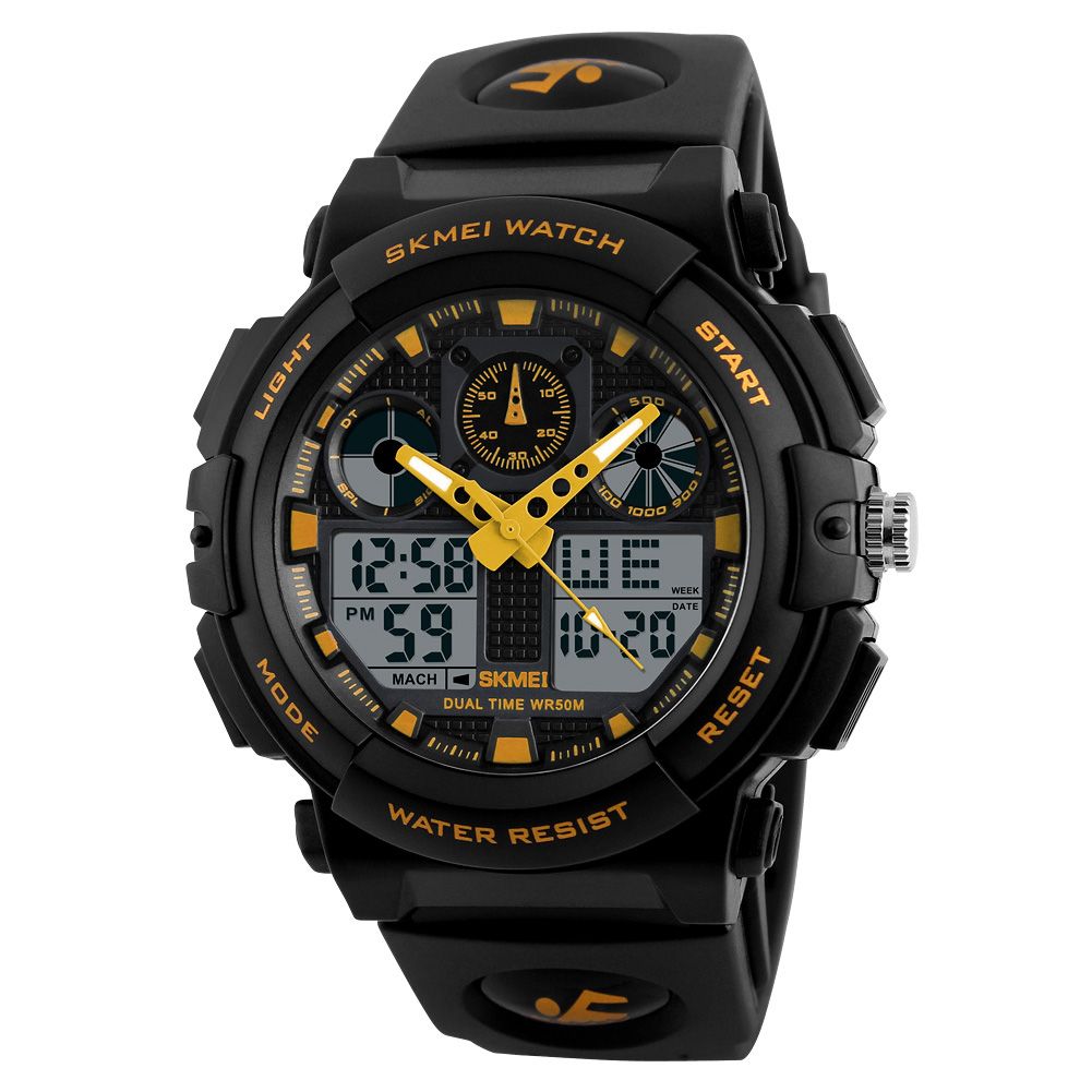Yfashion EI Men Quartz Digital Watch Dual ime Date Week EL Light Waterproof Alarm Sports Wristwatch