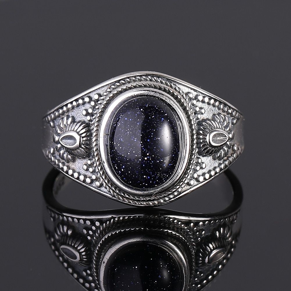 Natural Blue Sandstone 8x10MM 925 Sterling Silver Ring Jewelry  Retro Oval Ring For Women Gift Wholesale Party Wedding Gift