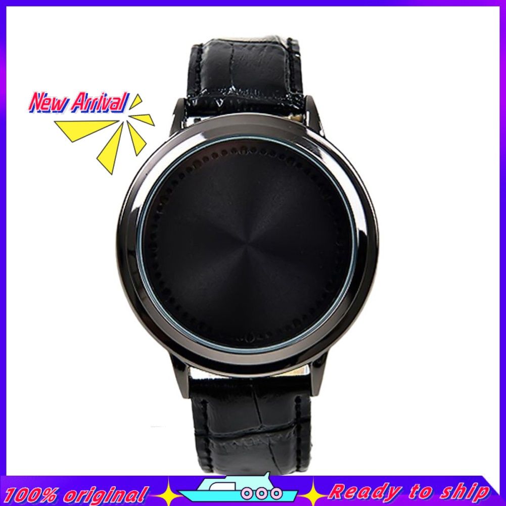 Fashion Men LED Touch Control Round Dial Faux Leather Band Quartz Wrist Watch