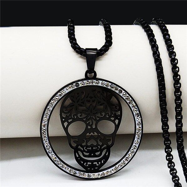 2020 Skull Crystal Stainless Steel Necklace Women Halloween Silver Color Necklaces Pendants Jewelry calavera mexicana N18527