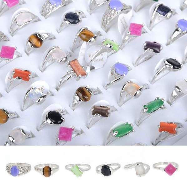 Wholesale 5Pcs Mixed Natural Stone Silver Color Vintage Tibetan Natural Stone Rings