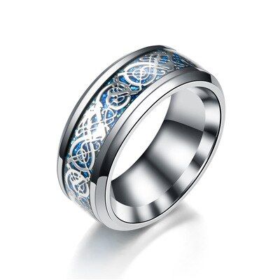 Hot Men Ring Jewelry Red Blue Black Dragon Inlay Comfort Fit Stainless Steel Rings for Men Wedding Ring Wide 8mm