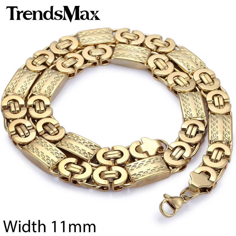 Trendsmax 11mm Mens Chain Necklace Gold-color Byzantine Link Stainless Steel Necklace KN272