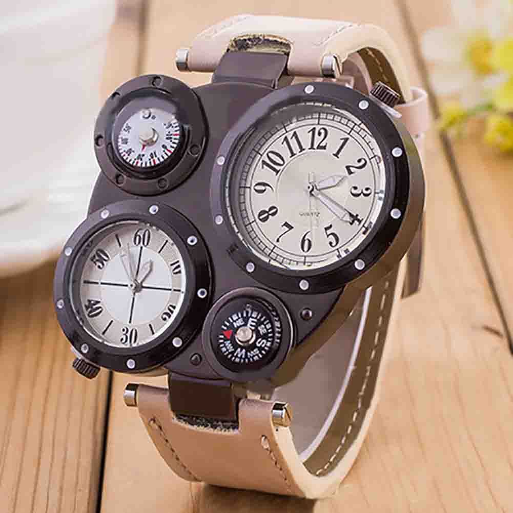Men Chic Dual Movement Quartz Waterproof Outdoor Thermometer Compass Wrist Watch
