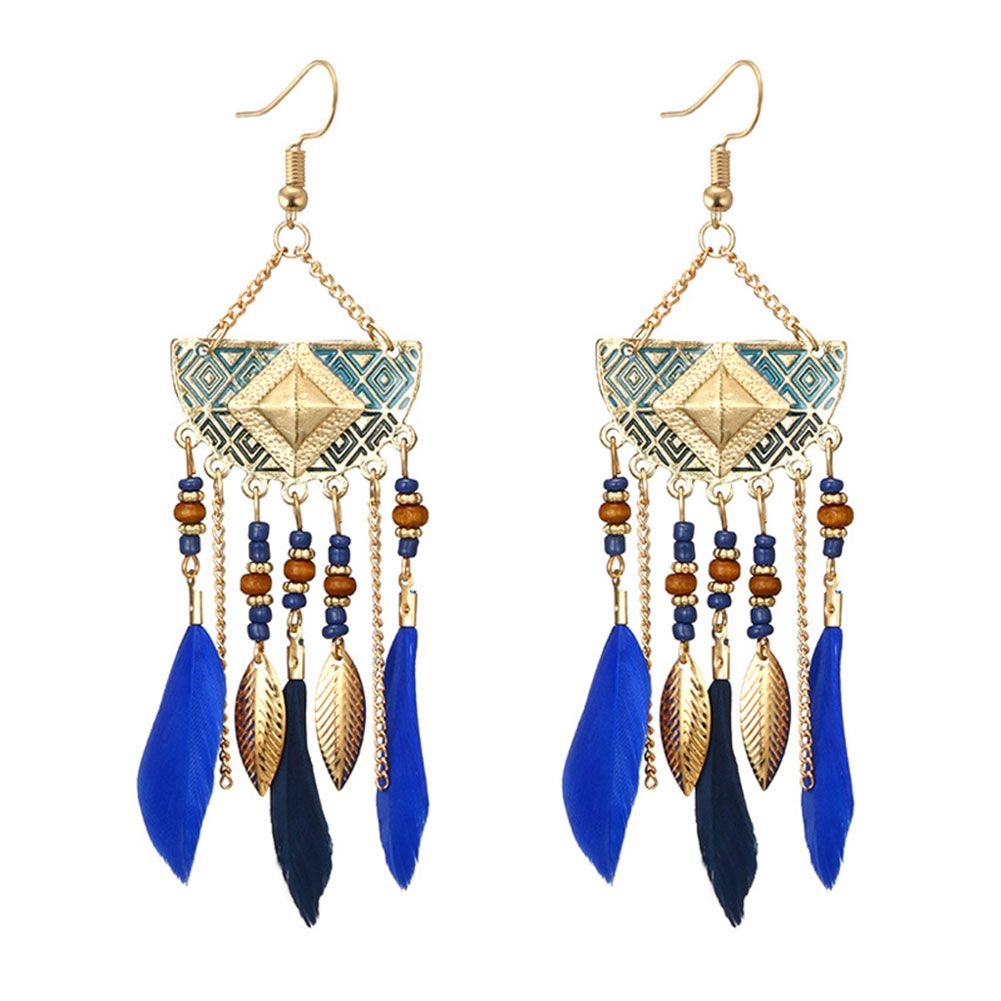 Boho Geometric Fan Shape Tassel Beaded Feather Earrings Statement Lady Ear Hooks