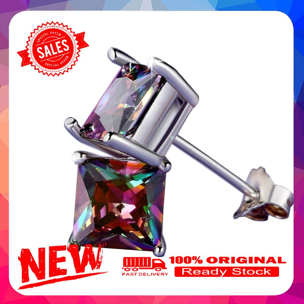 Classic Men Women Round Square Colorful Rhinestone Inlaid Stud Earrings Jewelry
