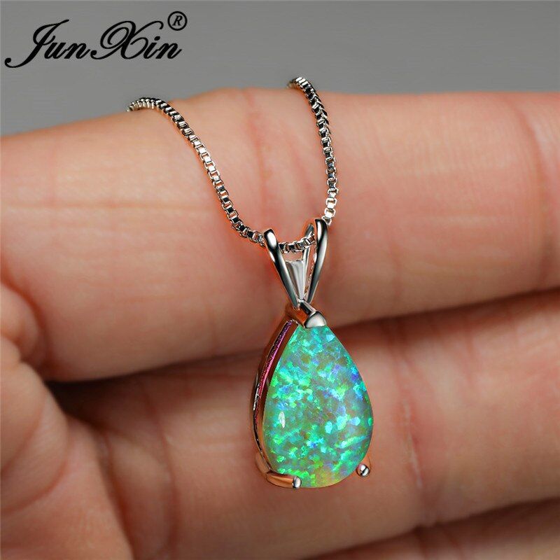 Mystic Blue Green Purple Fire Opal Necklace Water Drop Stone Pendant Clavicle Necklaces For Women White Gold Wedding Jewelry