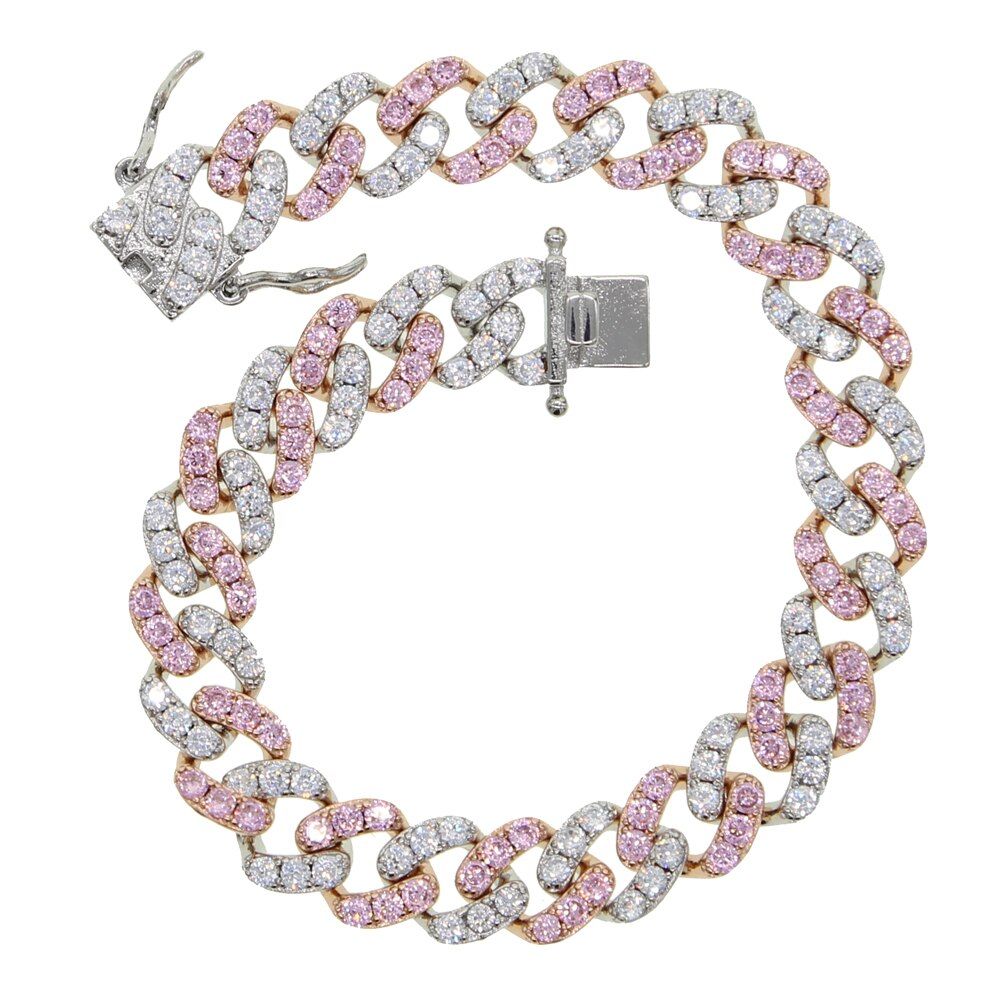 Romantic Fashion iced out blue white pink bling Crystal CZ Miami cuban link chain bracelets Luxury hiphop band jewelry For Women