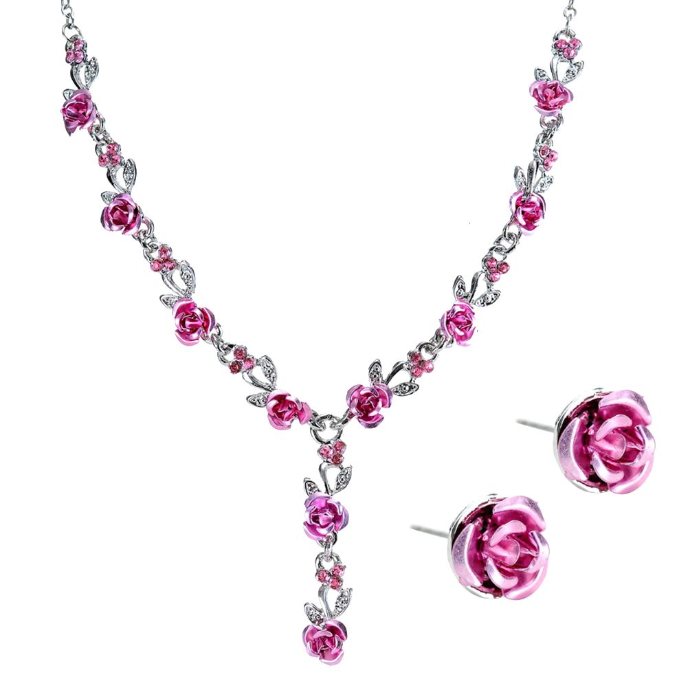 2Pcs/Set Fashion Acrylic Rose Pendant Stud Earrings Necklace Women Jewelry Gift