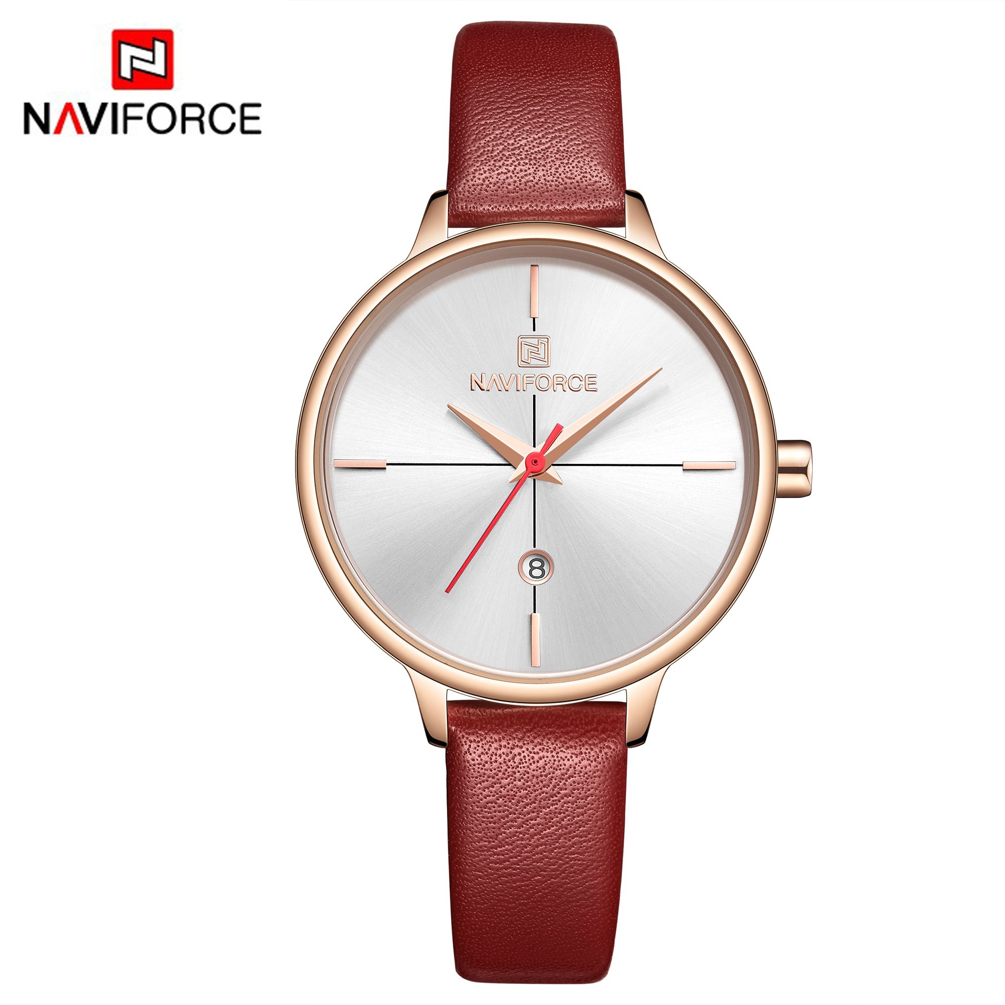 NAVIFORCE NF5006 Red PU Leather Analog Watch For Women - RoseGold & Red