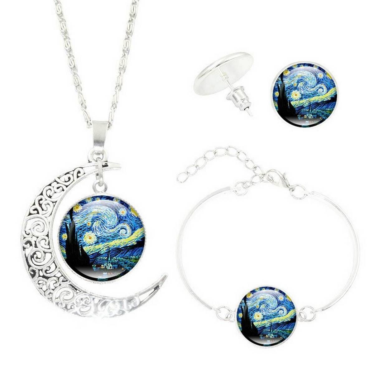 3Pcs/Set The Starry Night Glass Cabochon Women Necklace Bracelet Earrings Gift