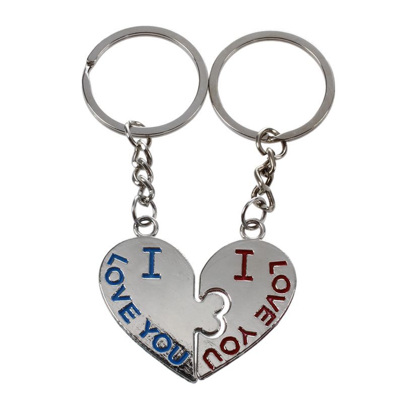 I Love You Design Pair Couple Key Chain with Heart Pendant