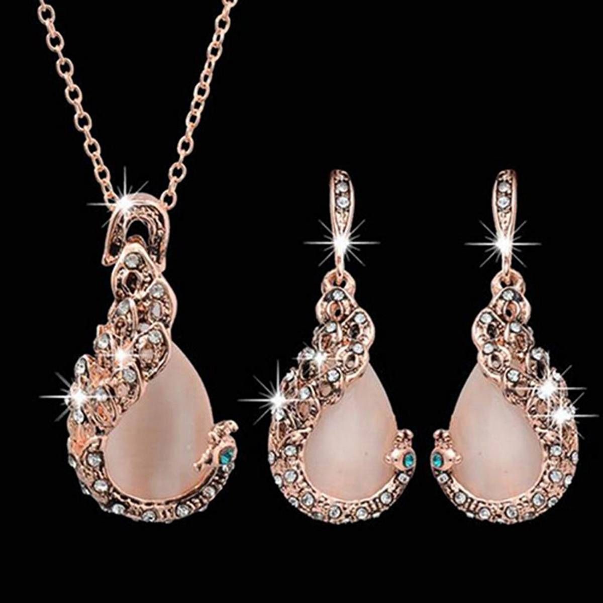 Women Waterdrop Rhinestone Pendant Hook Earrings Jewelry Set