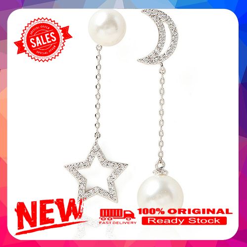 Luxury CZ Imitation Pearl Star Moon Asymmetry Long Earrings Elegant Lady Jewelry