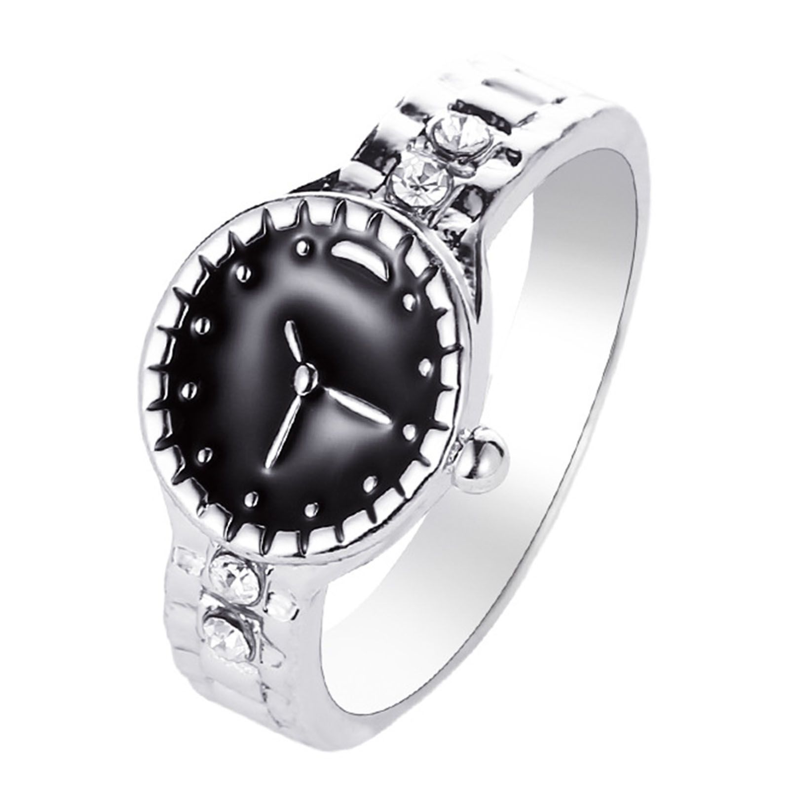 Watch Shape Rhinestone Alloy Pointer Round Dial Couple Finger Ring for Cocktail Party