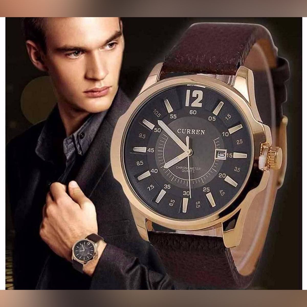 Leather stamp Analog Wrist Watch Men-Brown
