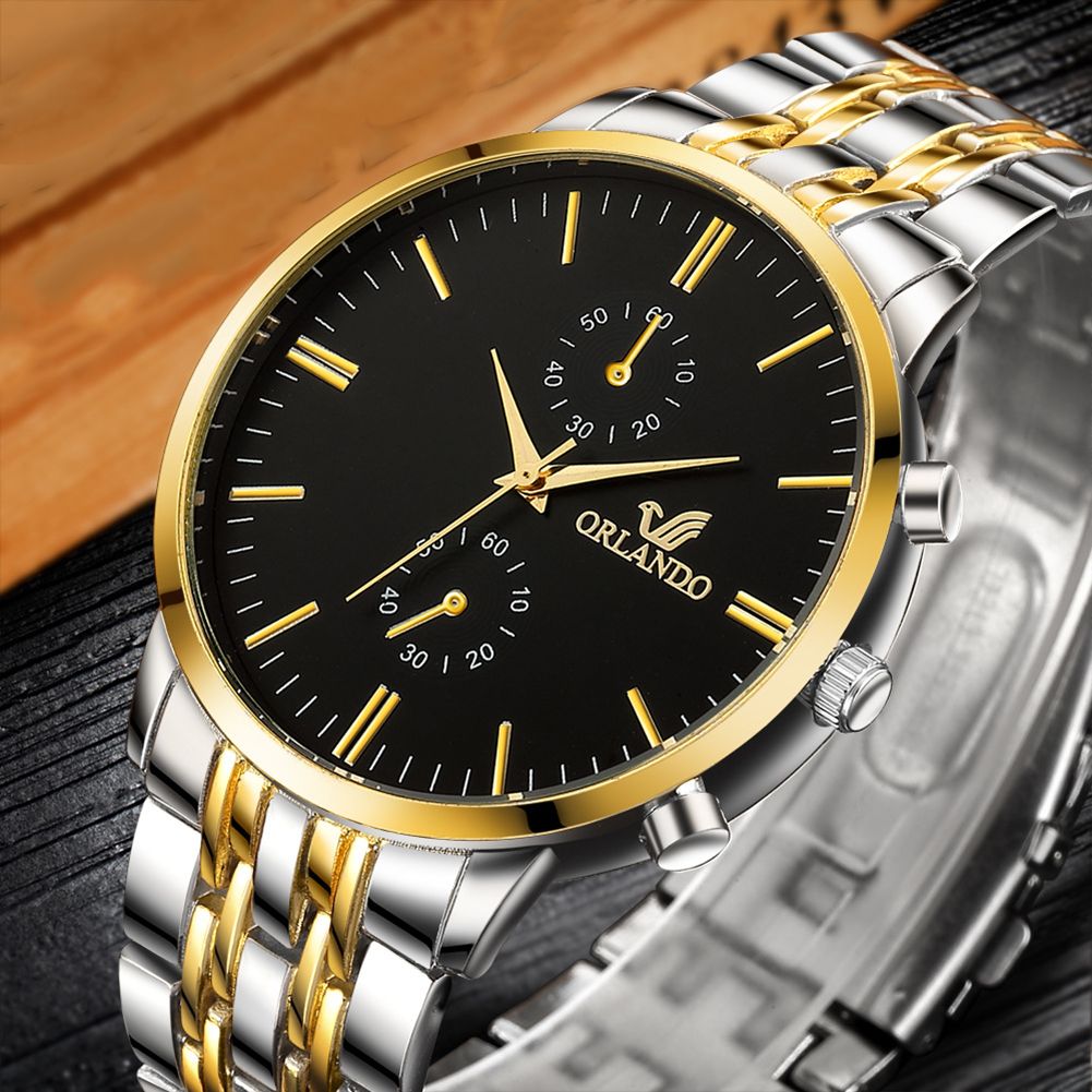 Dual Color Sub-dials Decor Analog Alloy Band Business Men Quartz Wrist Watch