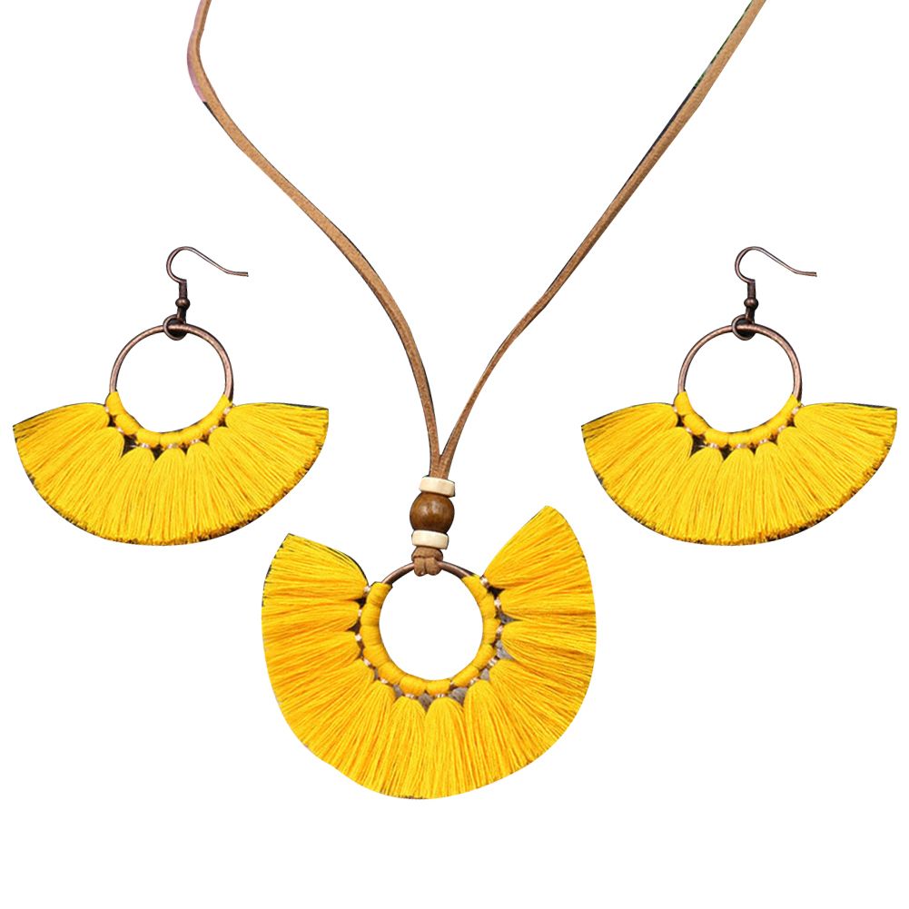 Vintage Fan Shape Tassel Circle Pendant Necklace Hook Earrings Women Jewelry Set