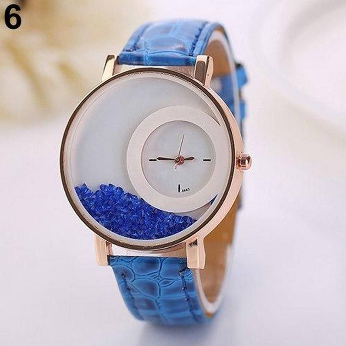 Women Shiny Rhinestones Quicksand Dial Faux Leather Band Quartz Wrist Watch