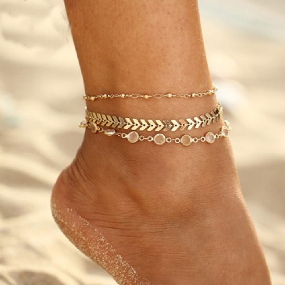 3Pcs Golden Tone Faux Crystal Fish Bone Anklet Multi-layer Beach Ankle Bracelet