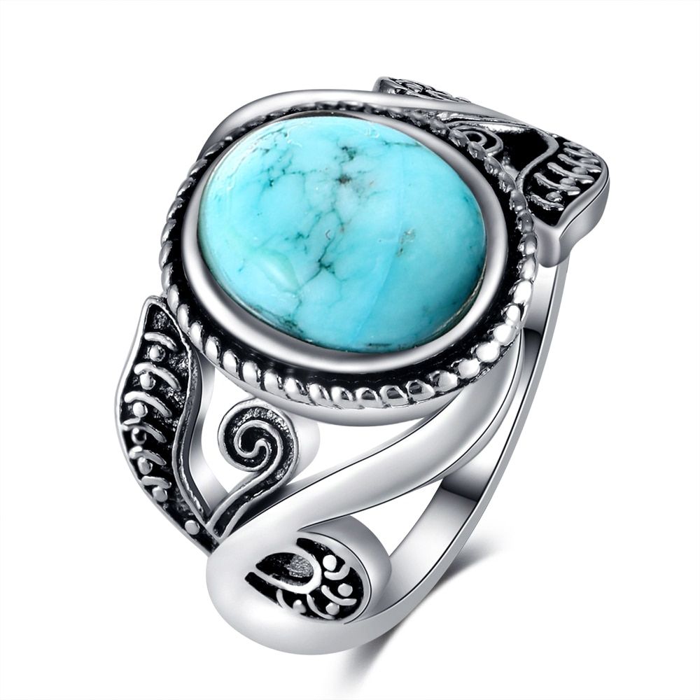 Nasiya Vintage Finger Rings For Women 925 Sterling Silver Jewelry 8x10MM Oval Blue Sandstone Rings Wholesale Party Gift