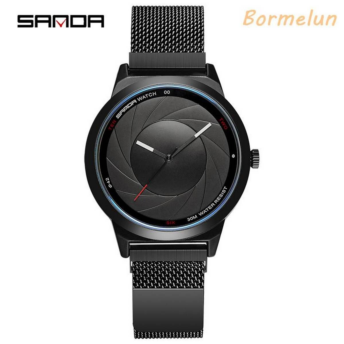 SANDA P1007 Fashion Unique Camera BREAK Style Casual Dial Men/Women/Couple Watch 30M Waterproof Quartz Magnetic Stone Buckle Mesh Strap Unisex Wristwatch