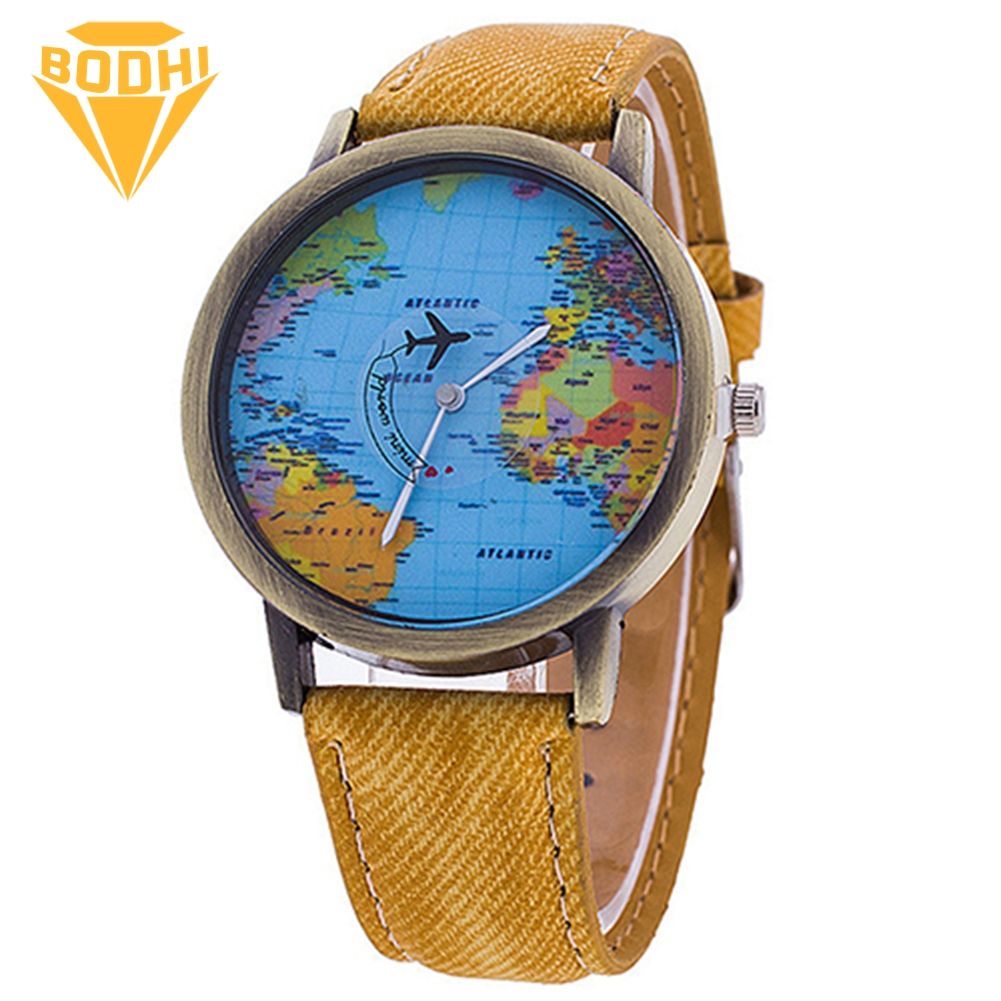 BODHI Women's World Map Dial Denim Fabric Strap Analog Quartz Students Wrist Watch