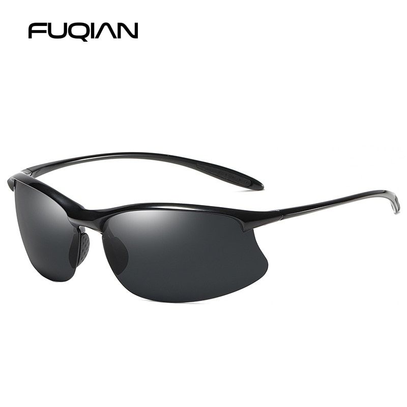 BRIGHT BLACKFUQIAN Brand Sports Polarized Sunglasses Men Women Vintage Reimless Glasses TR90 Light Weight Driving Eyewear UV400