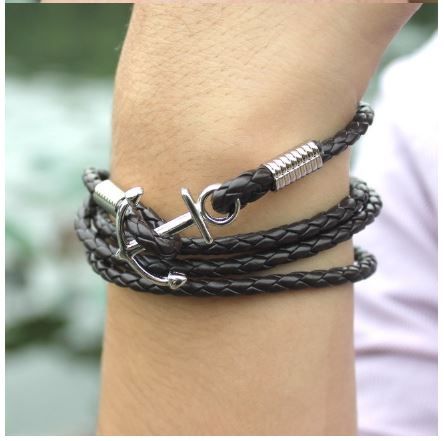 Stainless Steel Snakeskin Black Leather Mens Bracelet(Null)