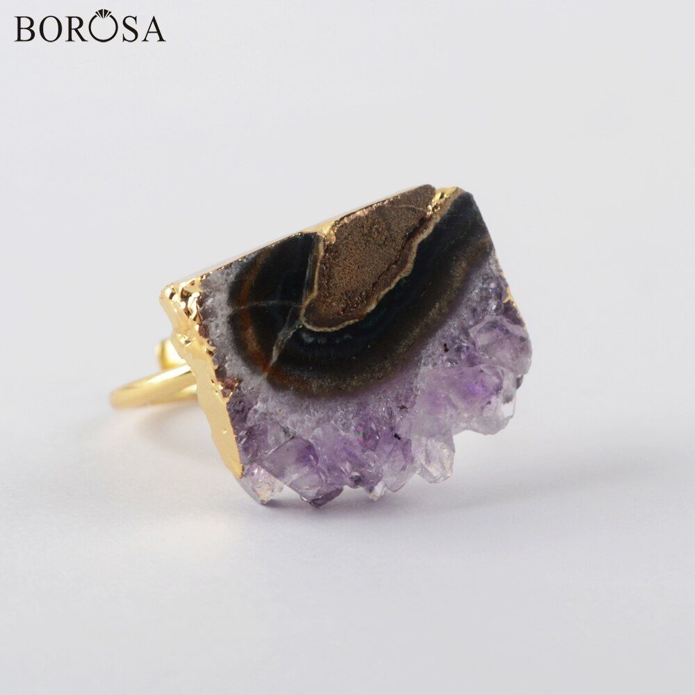 BOROSA 1Pcs Raw Purple Crystal Quartz Rings for Women Gold Color Irregular Natural Amethysts Slice Ring Statement Ring Jewelry
