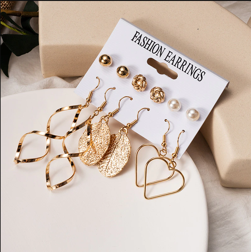 Trendy 6 Pairs = 12 Pcs Pearl Stud Earrings Set for Women Bohemian Fashion Jewelry Geometric Hoop Earrings Set for Girls/ Earring for Women