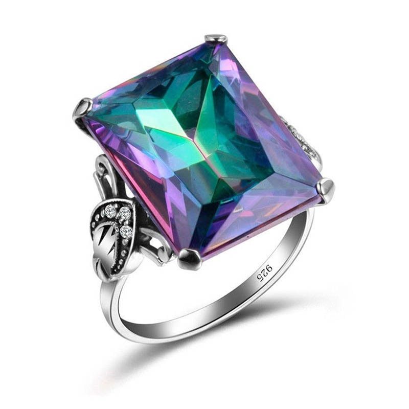 JoiasHome Top Quality Rainbow Fire Mystic Topaz Rings For Charm Women Square Gemstones Women Fine Jewelry Wedding Party Gift