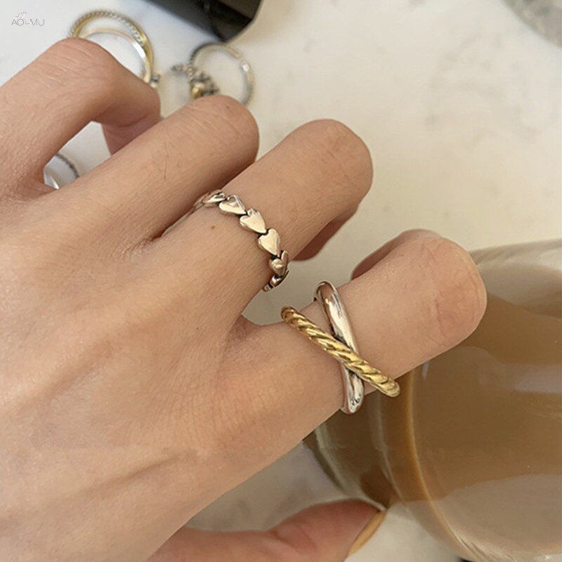 AOMU Fashion Girl Gift Metal Ring For Women Jewelry Geometric Round Ring Street Shoot Accessories Imitation Pearl Ring