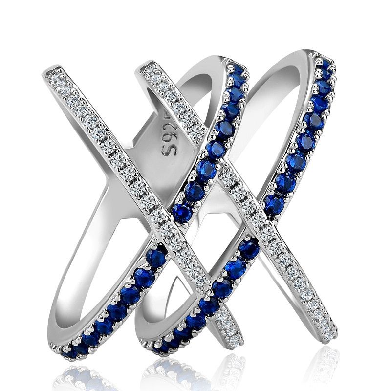 Jellystory Fashion Ring 925 Silver Jewelry with Sapphire Zircon Gemstones Double Cross shaped Ring for Women Wedding Party Gifts