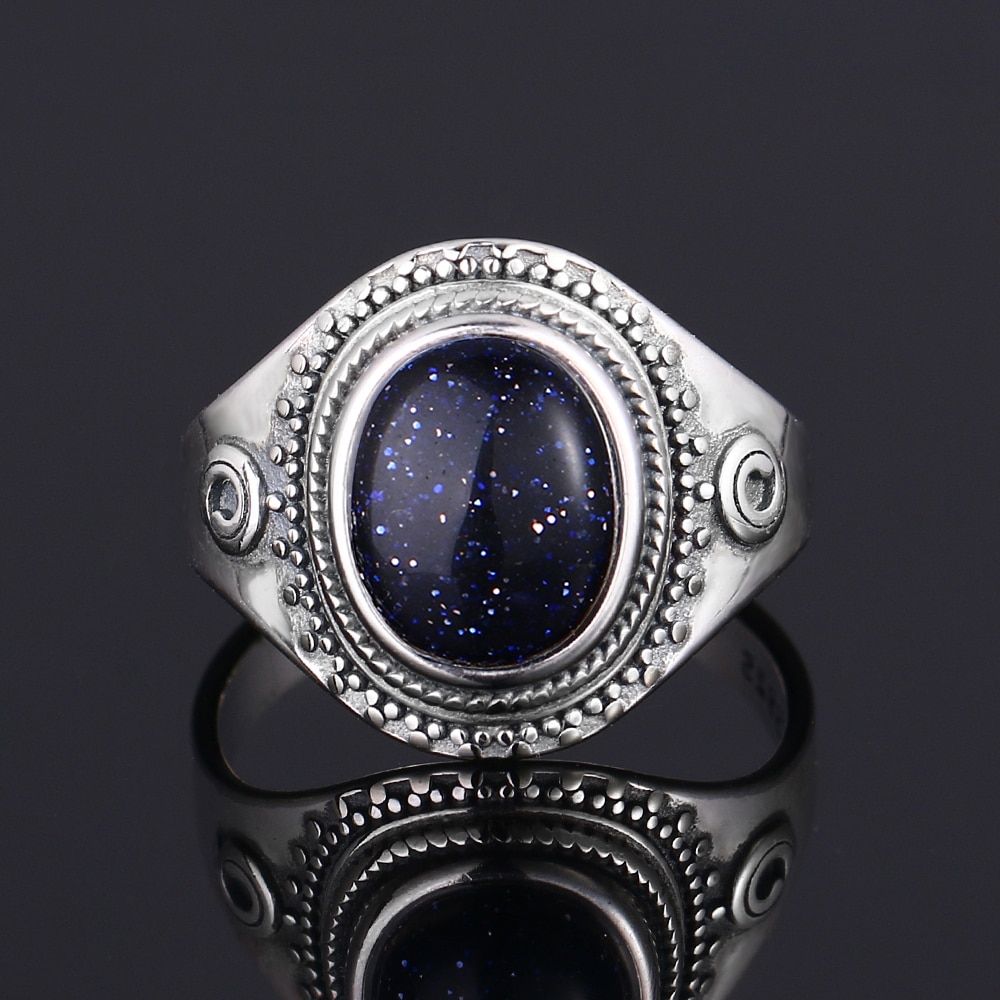 Luxury Big BluE Sandstone Vintage Ring For Women Men 925 Silver Fine Jewelry Party Anniversary Wedding Gift