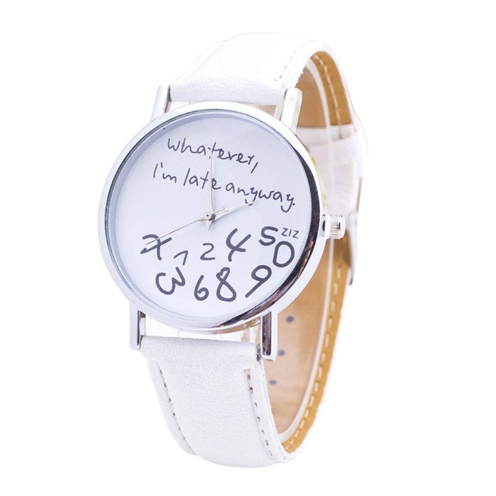 Women Whatever Im Late Anyway Letter Round Dial Faux Leather Strap Quartz Watch