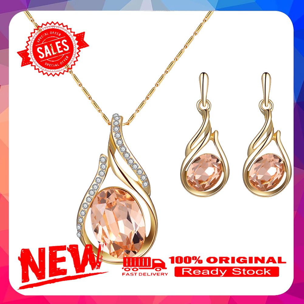 Women Rhinestone Oval Faux Quartz Pendant Ear Stud Earrings Necklace Jewelry Set