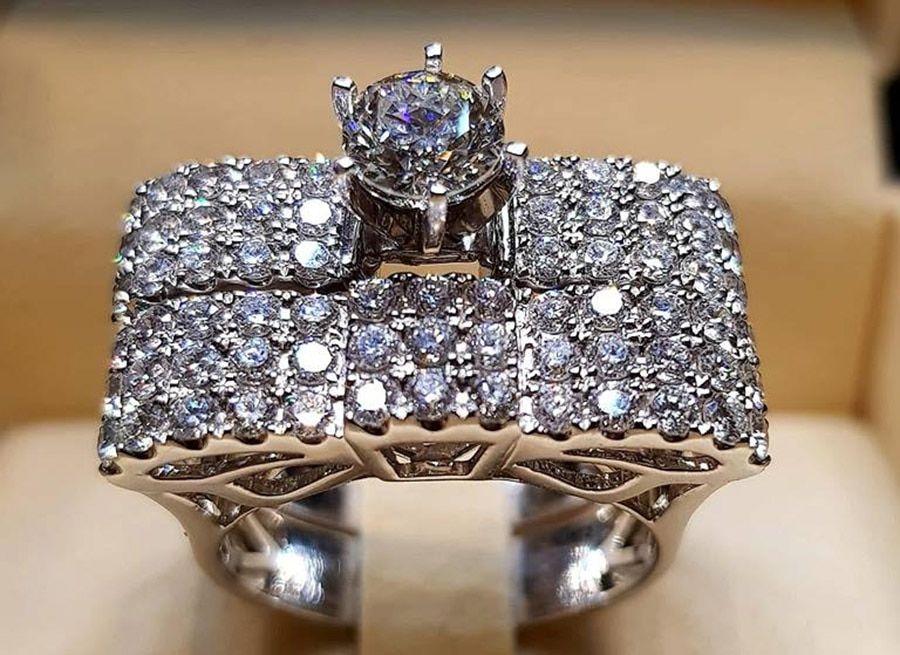 Women Wedding Ring Set Fashion Cute Female Round Zircon Ring Crown Silver Color Bridal Rings Set Boho Engagement Rings For Women
