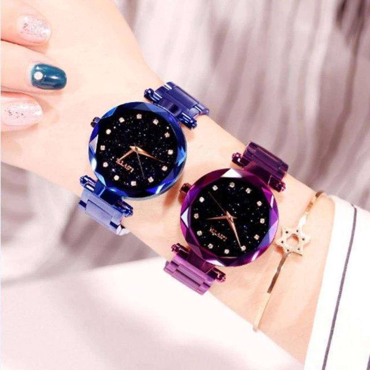 Magnet Stainless Steel High Quality Two Pcs Analog Watch for Women-Blue&Purple